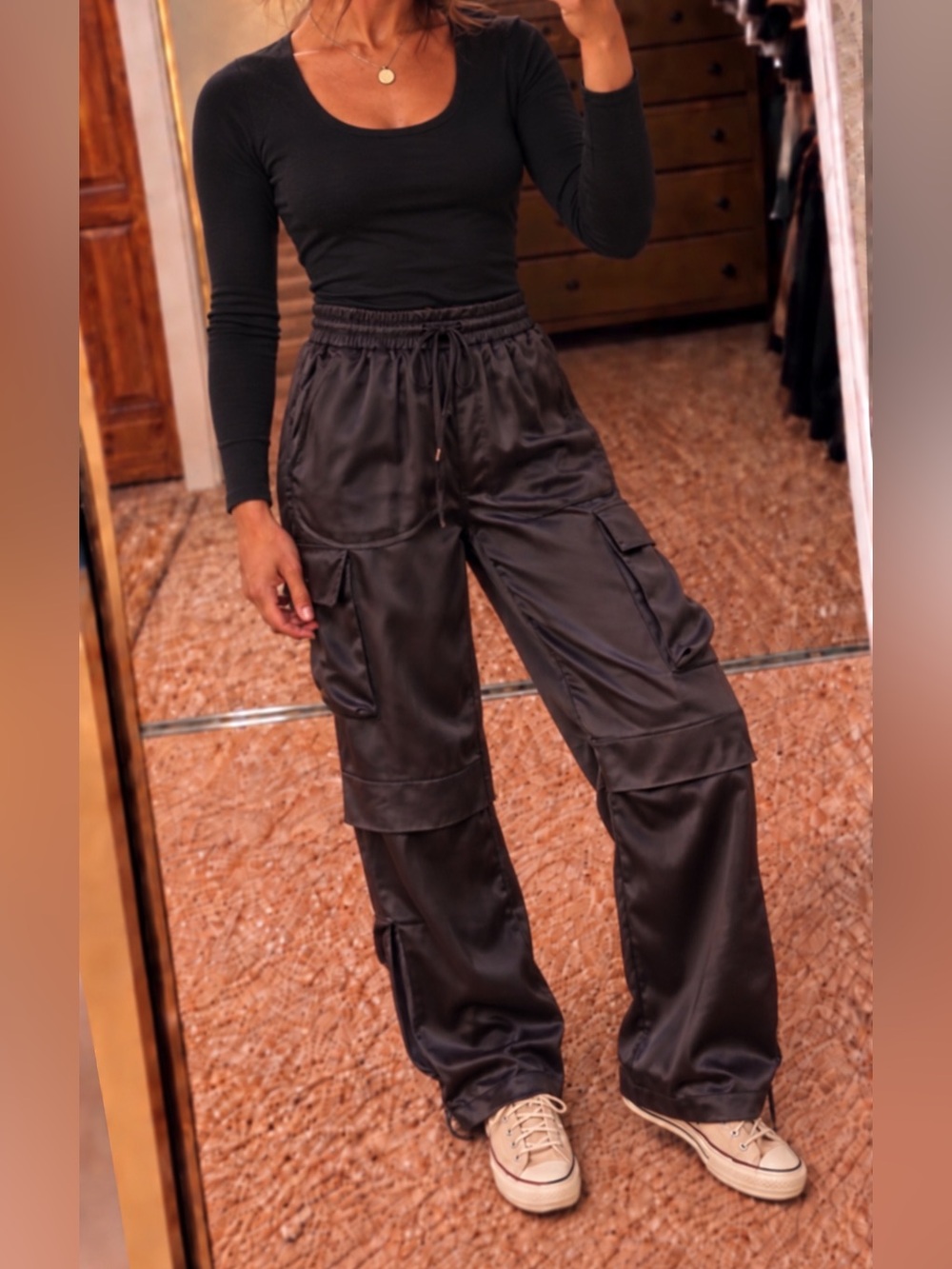 BeachRiot Wide-Leg Satin Cargo Pants - espresso brown
